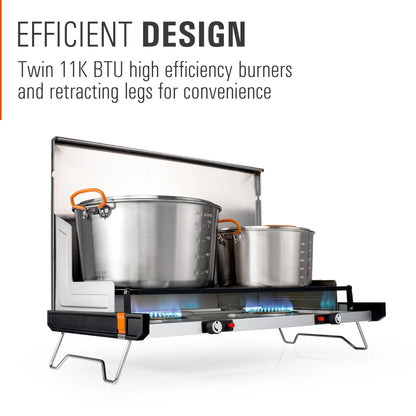 GSI Outdoors Pinnacle Pro 2-Burner Camping & Tailgating Stove, Ultra-Slim Portable Propane, 25,000 BTU, Windscreens, Folding Legs, Outdoor Cooking