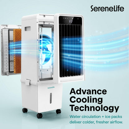 SereneLife Evaporative Air Cooler with 15 L Detachable Water Tank, Air Cooler with 1500 CFM Cooling Power, Indoor Outdoor Oscillating System with Wheels, Remote & Ice Packs, (Black & White)