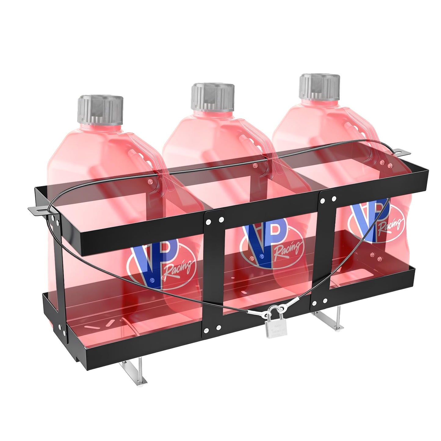 Feimire Fuel Jug Holder, Fits Two or Three 5 Gallon Gas Cans, Heavy-Duty Trailer Gas Can Mount Compatible with VP Racing Fuel Jug 5.5 Gallon(11"*11"), All-Metal Fuel Can Rack with Lock Cable & U-Bolts (3 Cans)
