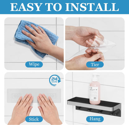 Skiennix Shower Caddy - Adhesive Shower Shelves with Hooks | No Drill, Rustproof Bathroom Organizer - Silver