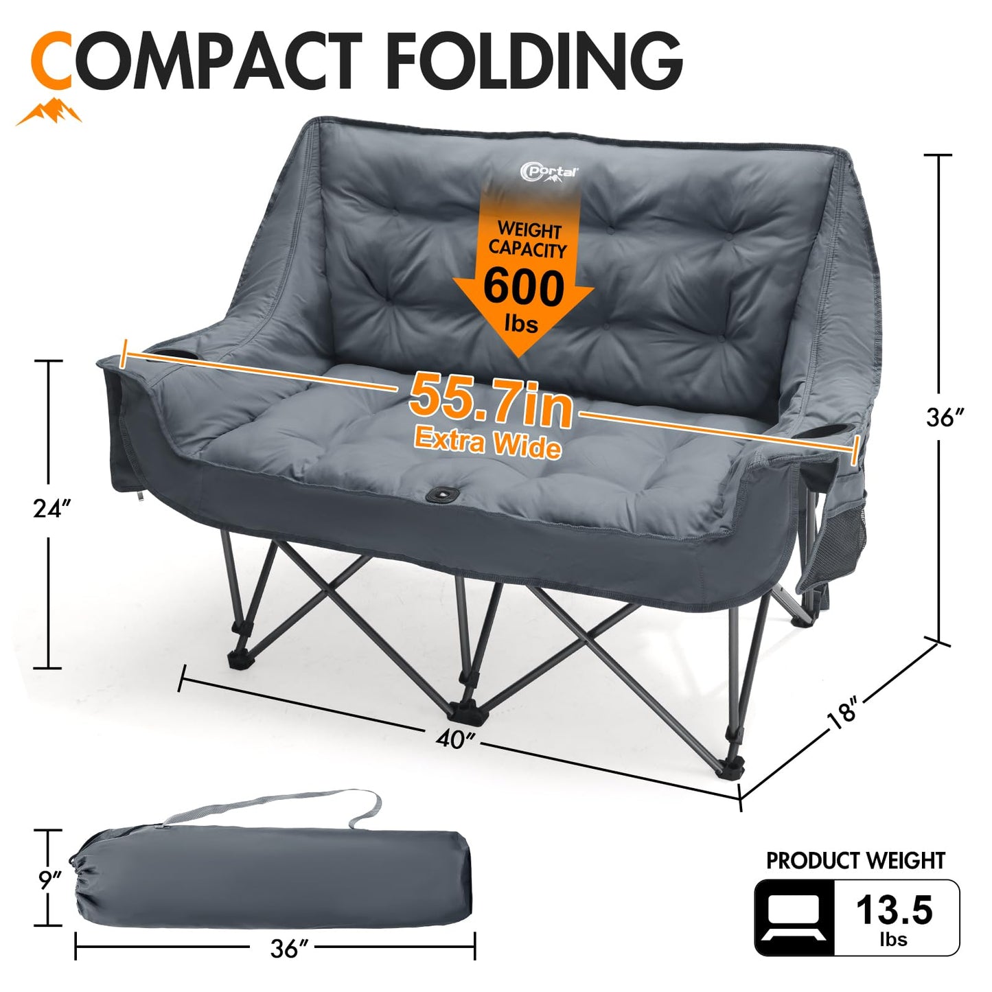 Portal Double Camping Chair, 2 Person Folding Loveseat for Adults, Padded Cushion Camp Lawn Love Seat with Side Pocket Portable Couch, Two Person Heavy Duty Wide Chairs with Cup Holder, 600 lbs