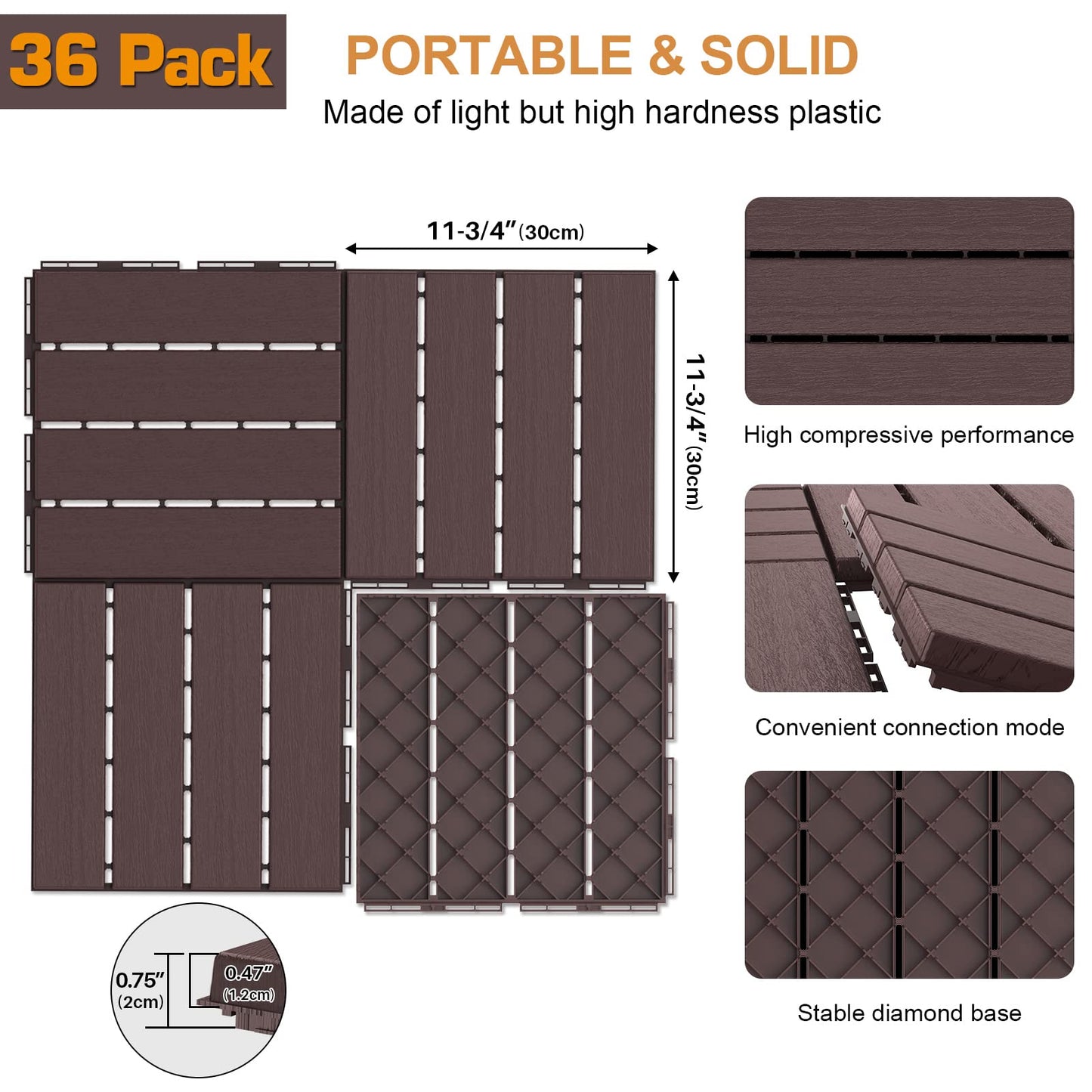 Goovilla Plastic Interlocking Deck Tiles, 36 Pack Balcony Flooring, 12"x12" Waterproof Outdoor Flooring All Weather Use, Patio Floor Decking Tiles for Porch Poolside Backyard Concrete, Dark Brown