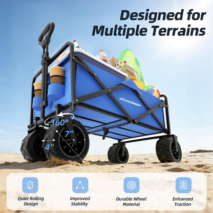 EchoSmile Heavy Duty 350 Lbs Capacity Collapsible Wagon, Outdoor Folding Camping Grocery Portable Utility Cart, Adjustable Rolling Carts, All Terrain Sports Wagon with Big Wheels (Blue)