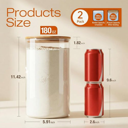 HomArtist Large Glass Food Storage Containers - 180oz Set of 2 with Airtight Bamboo Lids | Perfect for Flour, Sugar, Pasta, and More