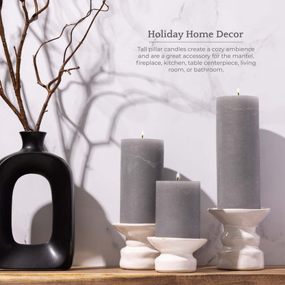 BASK Mottled Unscented Cool Grey Pillar Candles Set of 3 - Dripless Large Smokeless Pillar Candles for All Occasions