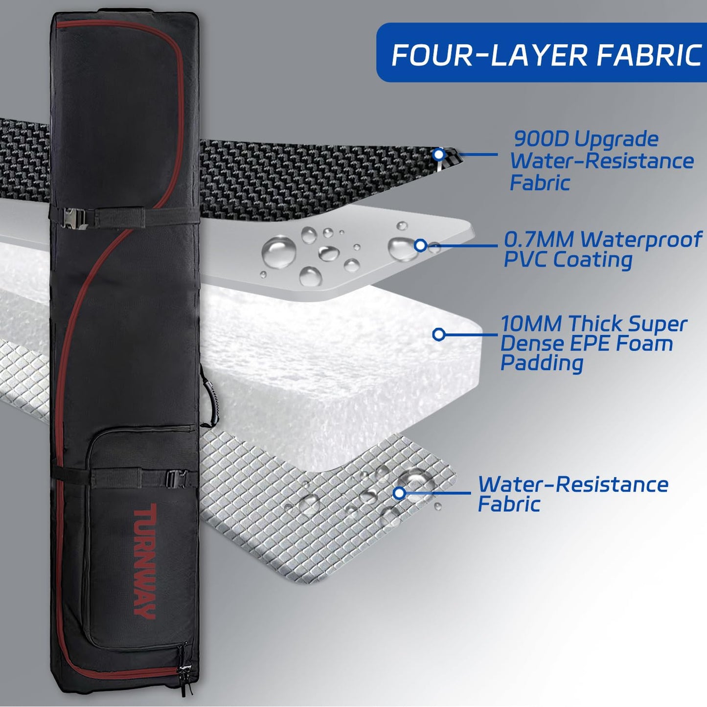 TurnWay Padded Ski Bag with Wheels for Air Travel, Double Rolling Snowboard Bag Heavy Duty Waterproof for Storage & Transportation of Snowboard/Ski Gear (Black-Red)