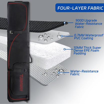 TurnWay Padded Ski Bag with Wheels for Air Travel, Double Rolling Snowboard Bag Heavy Duty Waterproof for Storage & Transportation of Snowboard/Ski Gear (Black-Red)