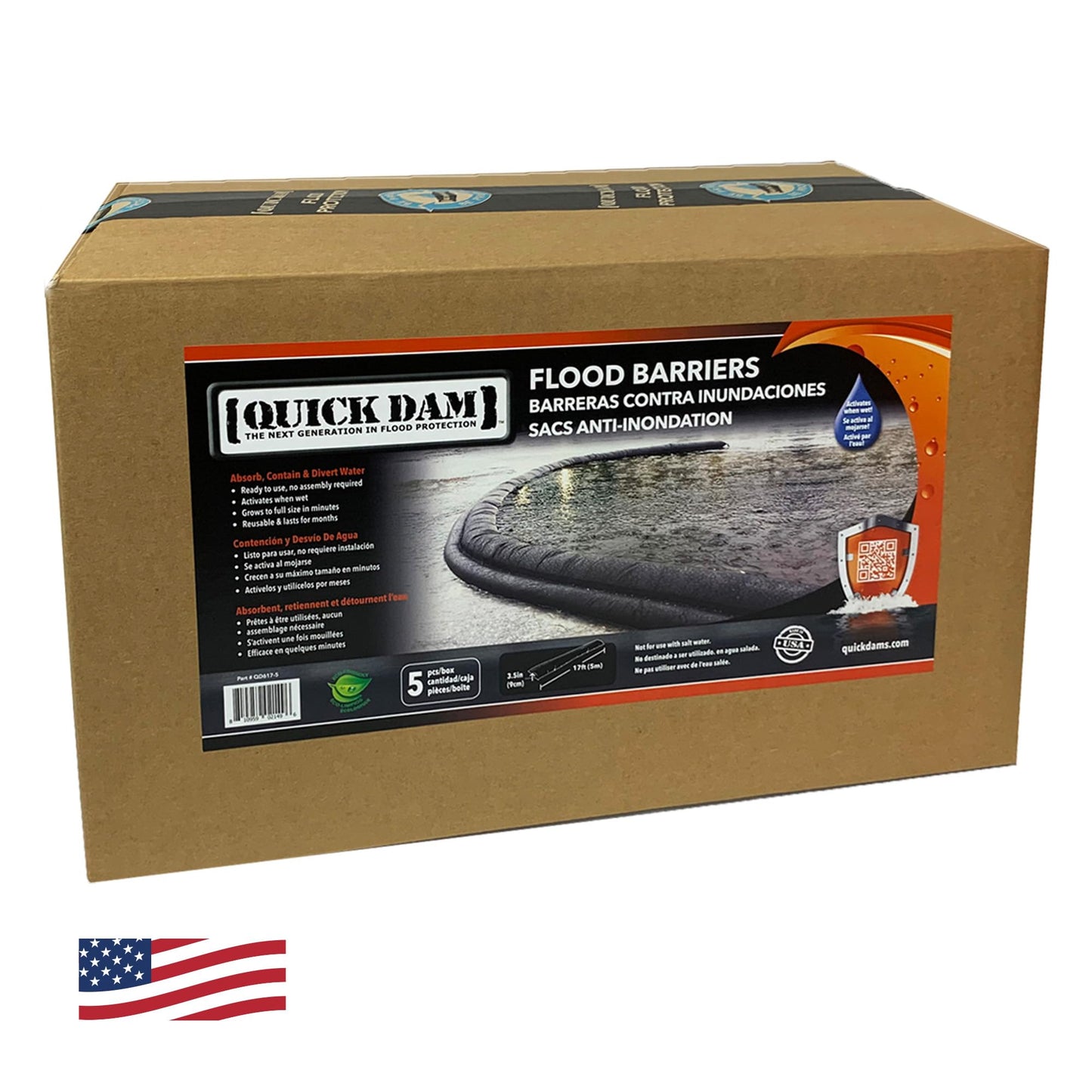 Quick Dam Water Activated 17ft Flood Barriers, Reusable Water Absorbers for Diverting Water, Protects from Rain, Spills, Leaks, Floods & More, 5 Pack