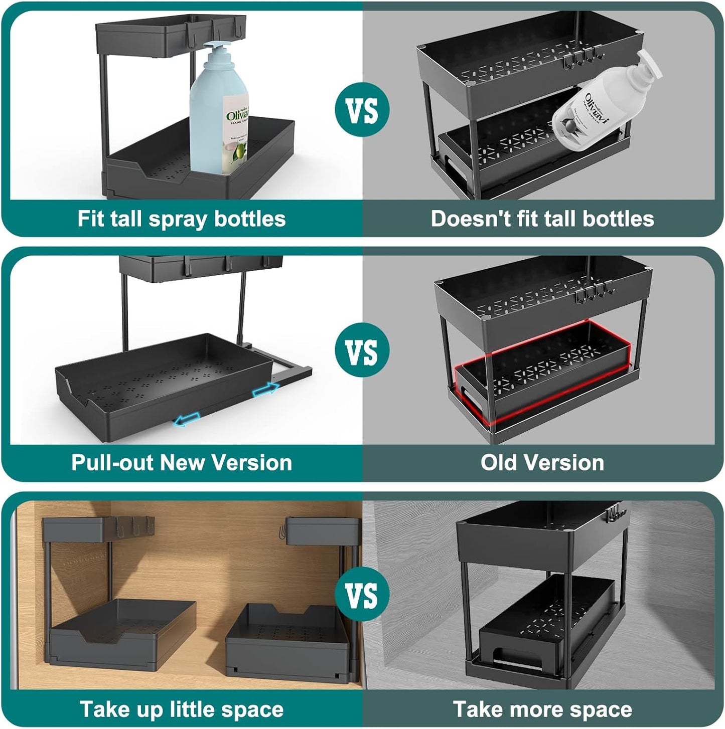 Nature's Source Under Sink Organizer - 2 Tier Sliding Storage Basket for Kitchen & Bathroom | Black