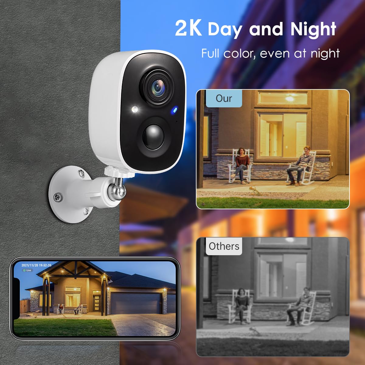 GMK Security Cameras Wireless Outdoor, 2K Color Night Vision AI Motion Detection 2-Way Talk Battery Powered 3MP WiFi Home Indoor Camera IP65 Waterproof Spotlight Siren Alarm Cloud/SD Storage 4-Pack