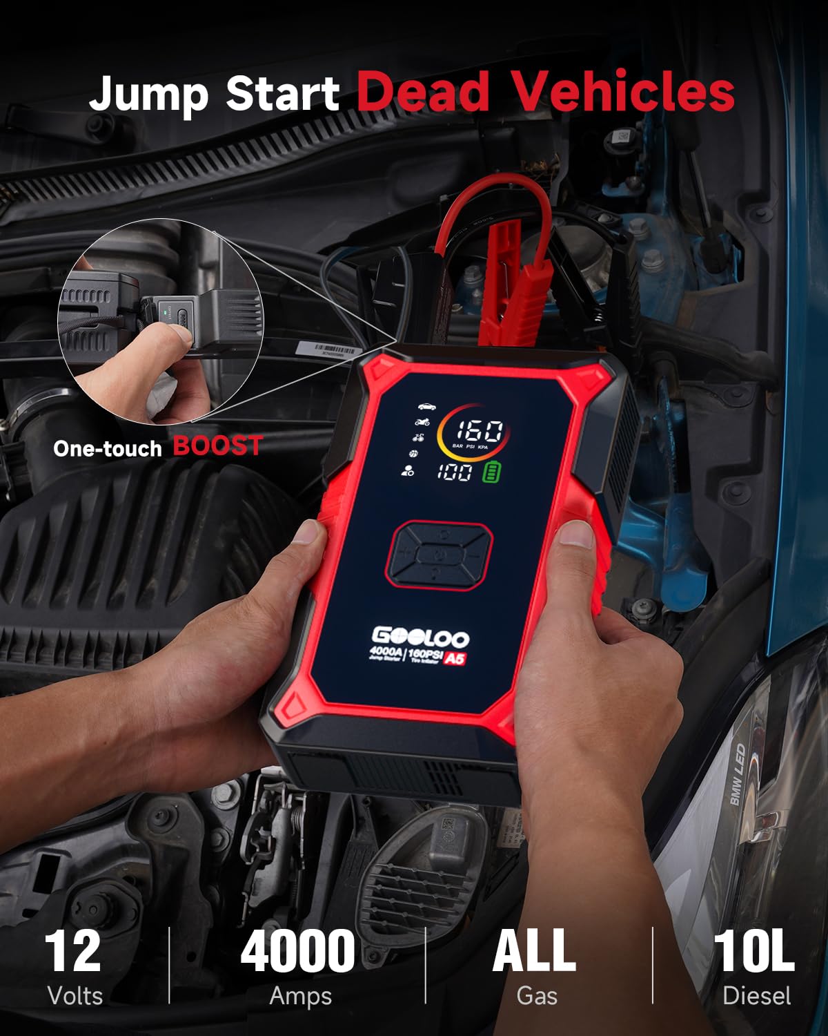 GOOLOO A5 Jump Starter with Air Compressor, 4000A Car Battery Jump Starter (All Gas/10.0L Diesel) with 160PSI Tire Inflator Auto-Off, 45W PD Fast Charging, 12V Jump Box Car Jumper Starter Portable