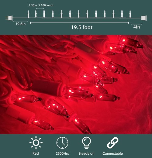 HISHINY Christmas Lights 100 Count Red Christmas Tree String Lights with White Wire for Outdoor Indoor Christmas Decorations Wedding Decorations Valentines Day Decor,UL Certified (21feet)