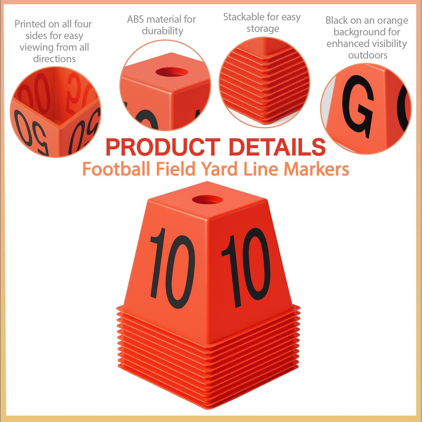 Motionchic Set of 11 Football Field Yard Line Markers Orange High Visibility Stackable Portable 4 Sided Field Yardage Markers for Football Training