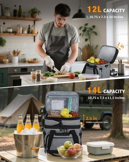 HORJONES Large Lunch Box for Men/Women Dual-Compartment Insulated Lunch Bag,Adults Expandable Leakproof Cooler Bag Lunch Tote with Adjustable Shoulder Strap for Work Camping Picnic,Grey 24-Can(14L)