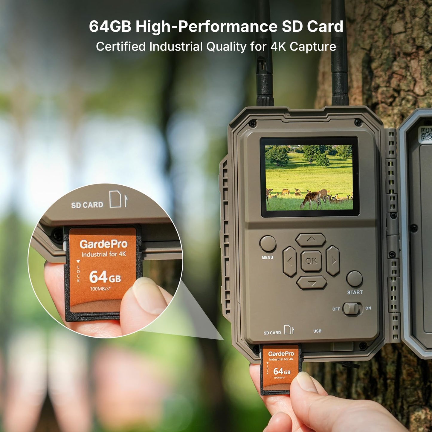 GardePro E8 2.0 Pro WiFi Trail Camera (Non-Cellular), Dual Antennas, Stable Connection, 4K Video, Rechargeable Battery, 64GB SD Card, On-Site App Viewing, No-Glow Night Vision, Motion Detection
