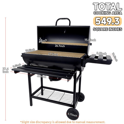 Charcoal Grill with Lid, 27" Outdoor BBQ Grill with Thermometer, Side Shelves, Wheels & Ash Catcher, Large Barrel Charcoal Smoker for Backyard, Camping & Outdoor Cooking