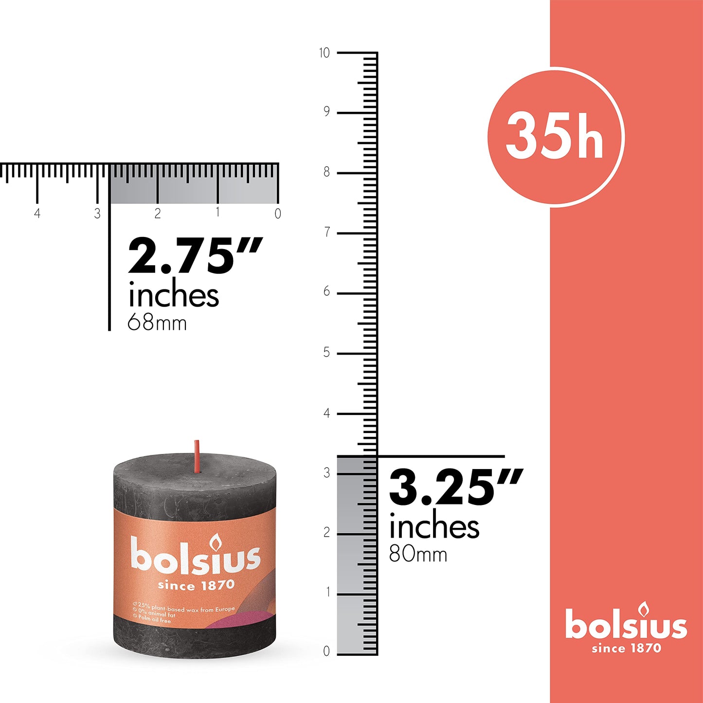 BOLSIUS 4 Pack Black (Stormy Gray) Rustic Pillar Candles - 2.75 X 3.25 Inches - Premium European Quality - Includes Natural Plant-Based Wax - Unscented Dripless Smokeless 35 Hour Spa Décor Candles