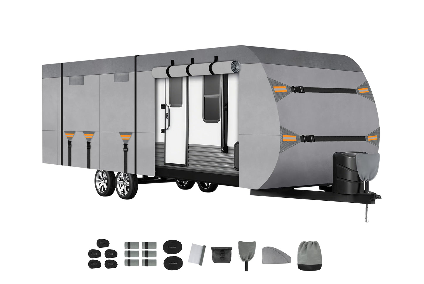Kingfun Rv Cover Fits 27-30 Ft Travel Trailer Cover, Heavy Duty Camper Cover, with Windproof Straps, Gutter & Tongue Jack Covers, Utility Travel Trailer Cover for All Weather Protection