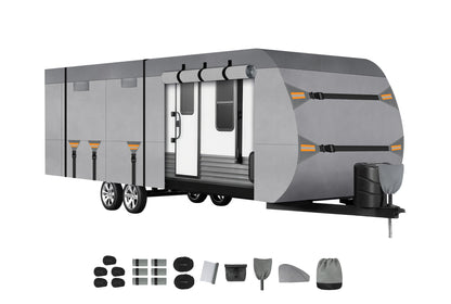 Kingfun Rv Cover Fits 27-30 Ft Travel Trailer Cover, Heavy Duty Camper Cover, with Windproof Straps, Gutter & Tongue Jack Covers, Utility Travel Trailer Cover for All Weather Protection
