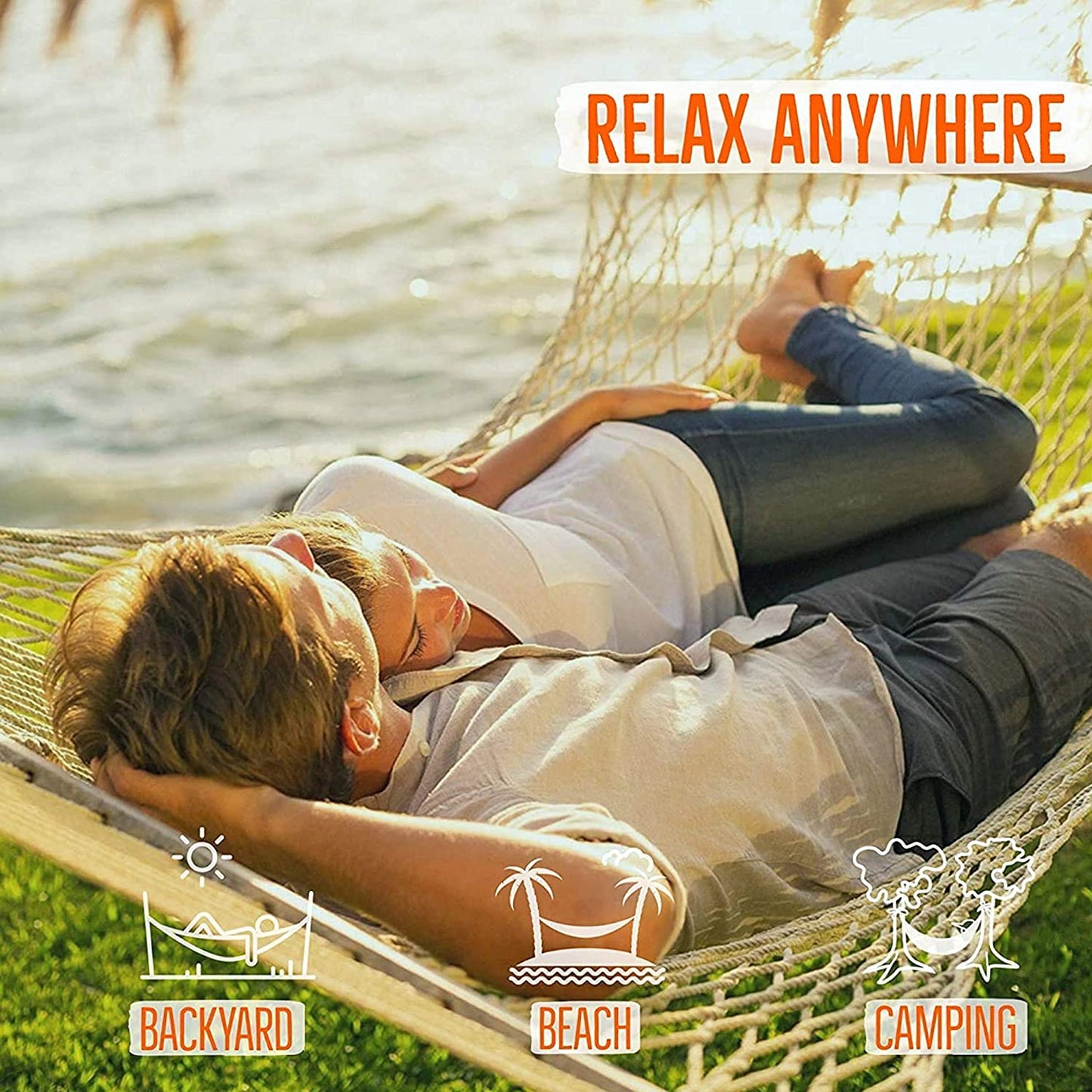 Castaway Living 13 ft. Double Traditional Hand Woven Oatmeal Cotton Rope Hammock – 2-Person, 450 lb Capacity, Free Extension Chains & Tree Hooks, Designed in The USA