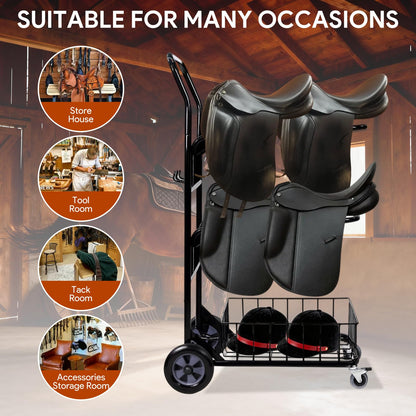 Rolling Saddle Rack Cart with Basket, 220 Lbs, Horse Tack Dolly Saddle Stand for Western & English Saddles, Heavy Duty Saddle Stand for Tack Room, Bridle, Horse Lovers, Cowboy, 32.3*16.9*49.8 inch