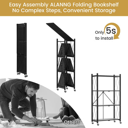 ALANNG Folding Storage Shelves with Wheels, 3 Tier and 4 Tier (2 Pack, Black)
