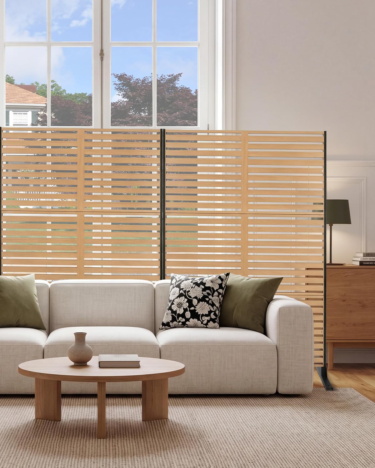 Metal Privacy Screen, 48" W x 75" H, Outdoor Freestanding Privacy Fence Panel, No Dig Steel Decorative Fence, Rustproof Fence Panels for Yard, Patio, Garden, Balcony, Pool, Wood-Grain Horizontal Slat