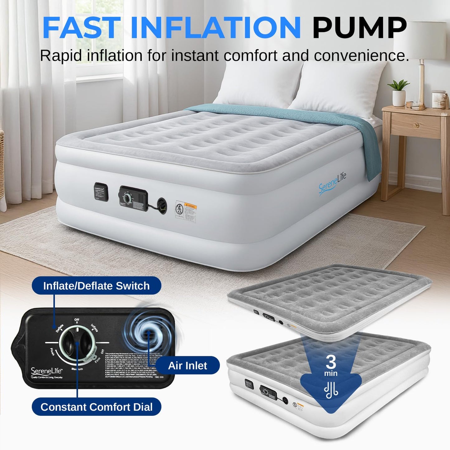SereneLife Full Size Air Mattress with Built-in Pump | 55-Inch Wide Raised Inflatable Mattress for Guests, Camping & Travel, Constant Comfort Technology, Plush Top, Storage Bag Included