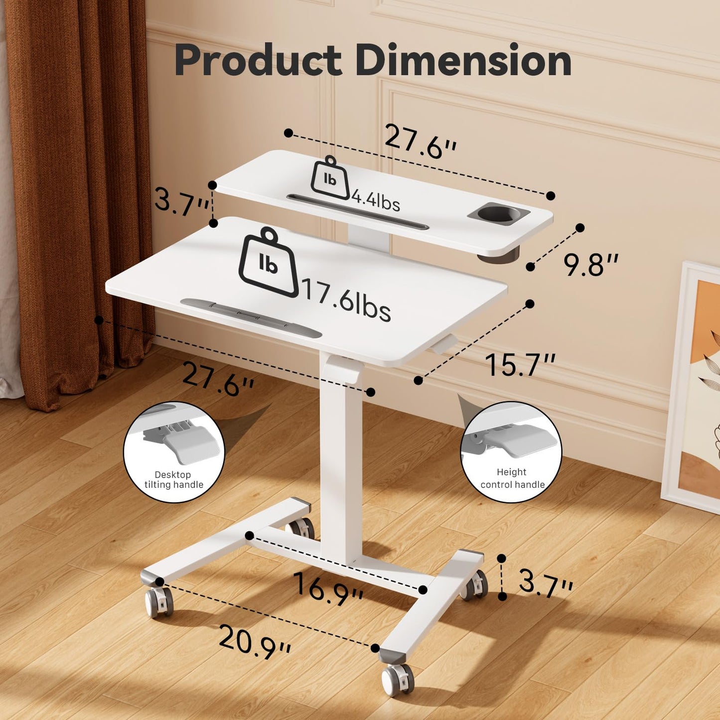 Liftsync 28Inch Mobile Standing Desk On Wheels， Rolling Laptop Stand with Tiltable Desktop， Small Computer Workstation Adjustable Height， 2-Tier Portable Study Table with Storage Shelves， White