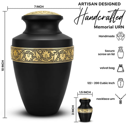 Set of 6 Black & Gold Decorative Cremation Urns for Ashes Adult Male & Female Includes 1 Large Black Urn with 4 Small Keepsakes & 1 NecklaceUrn for Human Ashes
