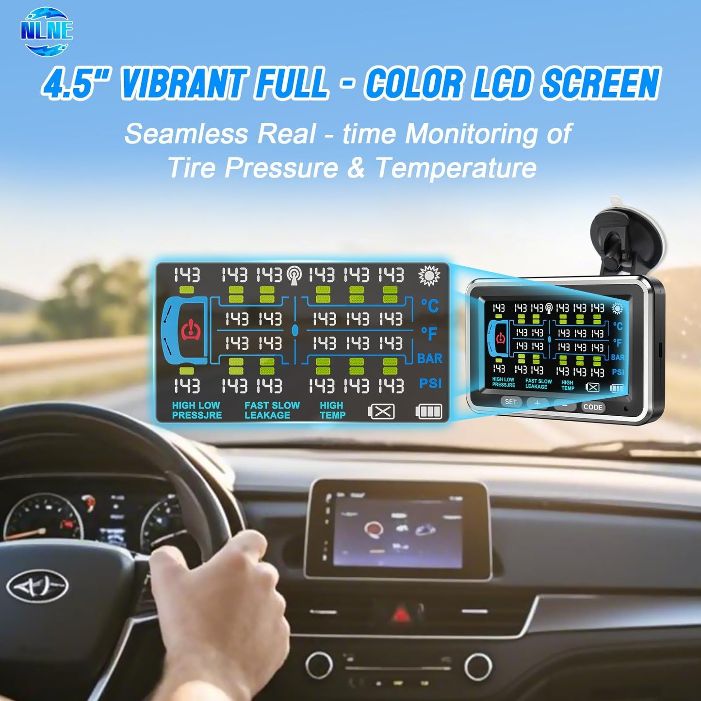 NLNE Trailer Tire Pressure Monitoring System 10 Sensors, 4.5" RV TPMS with Flow Through Sensor,6 Alerts Modes Monitor for Semi Truck/Camper/5th Wheel,Motorhome,Signal Booster,0-188PSI(4-22 Sensors)