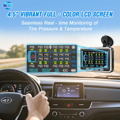 NLNE Trailer Tire Pressure Monitoring System 10 Sensors, 4.5" RV TPMS with Flow Through Sensor,6 Alerts Modes Monitor for Semi Truck/Camper/5th Wheel,Motorhome,Signal Booster,0-188PSI(4-22 Sensors)