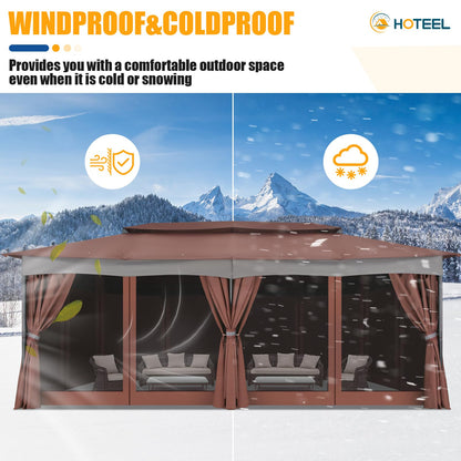 HOTEEL Gazebo 12x20, Outdoor Gazebo on Clearance with Double Ventilated Arc Roof, Privacy Curtains & Mosquito Netting, Easy Set up Canopy Tent with Stable Metal Frame for Patio Gazebo, Brown