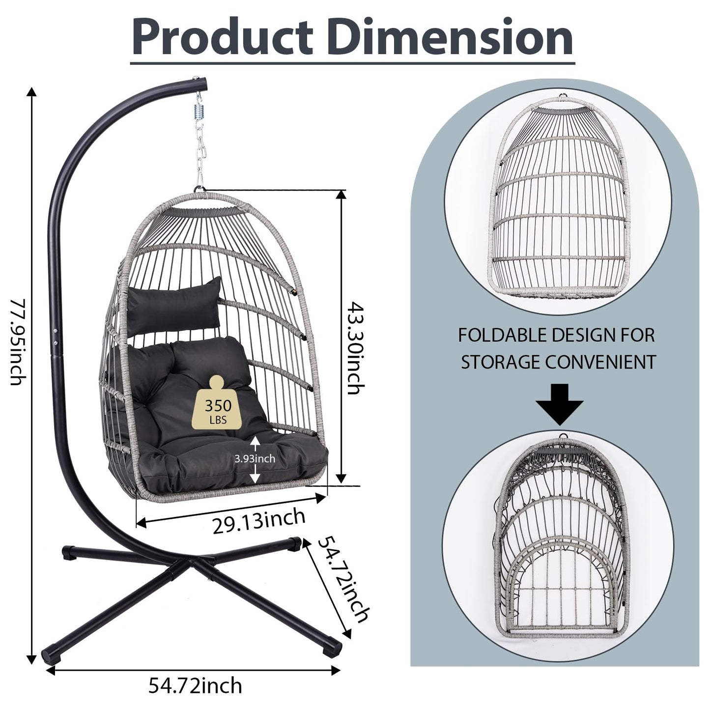 KEIKI Egg Chair - Foldable Rattan Hanging Chair with Stand & Cushion, 350LBS Capacity, Indoor Outdoor Basket Chair for Patio, Garden, Bedroom, Balcony - Black and Gray Wicker Hammock Swing Chair