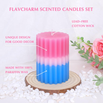 FLAVCHARM Ribbed Pillar Candles Fruity Floral Scented Pink Blue Ombre 3×4 Inch Candle Handcrafted Aesthetic Romantic Aromatherapy Candles for Home Decor Wedding Party Housewarming Gift