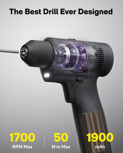 HOTO 25PCS Household Tool Kit with 16V Brushless Drill, 3/8” Keyless Chuck, Smart Display, 50 N·m Torque, 32 Torque Settings, LED Light, Includes Hammer, Wrench, Pliers, 8 x Drill Bits, 10 x Bits