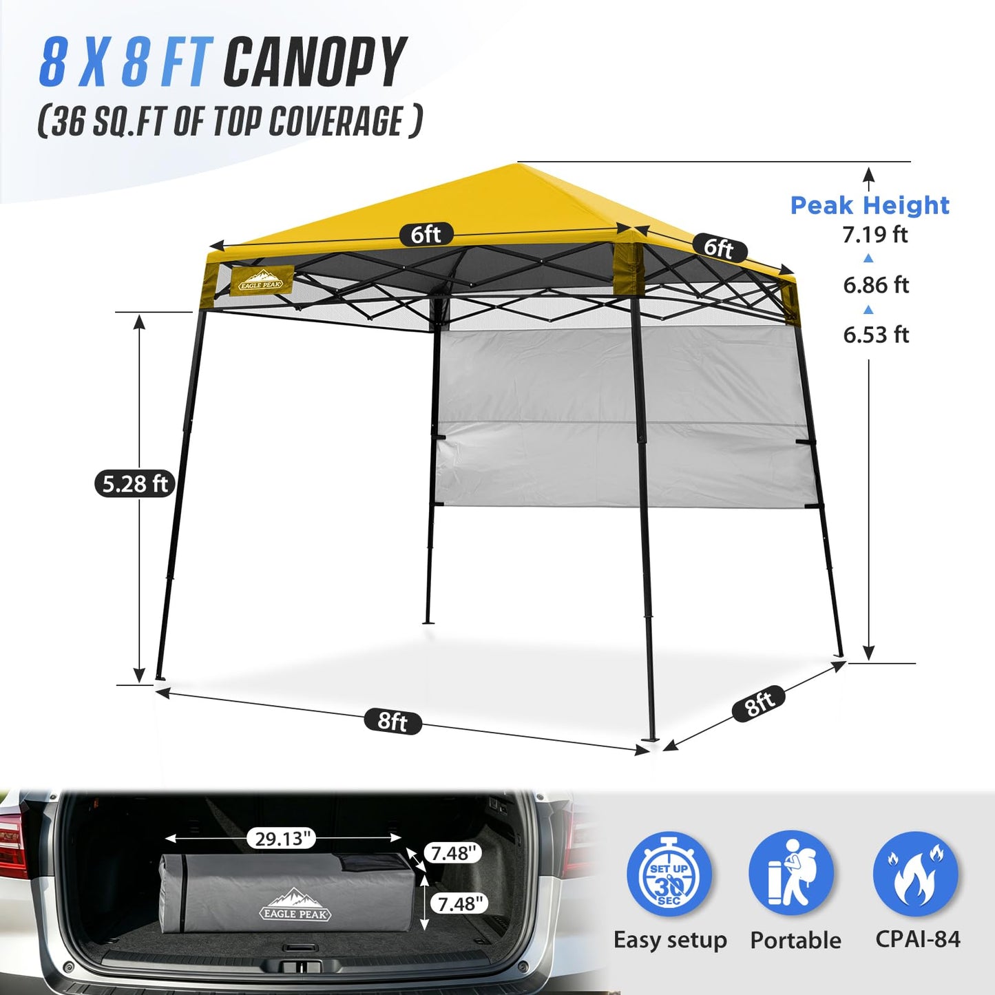 EAGLE PEAK 8x8 Pop Up Canopy Tent with Sidewall, Compact, Portable Slant Leg Instant Sun Shelter for Beach, Sports, & Camping, 8x8 Base 6x6 Top, Yellow