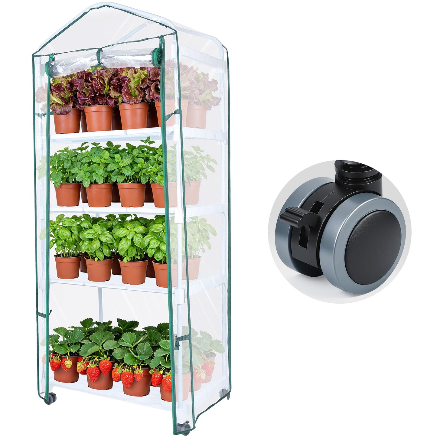 Mini Indoor Greenhouse, 4-Tier Portable Plant Greenhouse Cabinet with Wheels, Waterproof PVC Tent Cover for Indoor Outdoor Seed Starting, Plants, Flowers (Clear, 4 Tier)