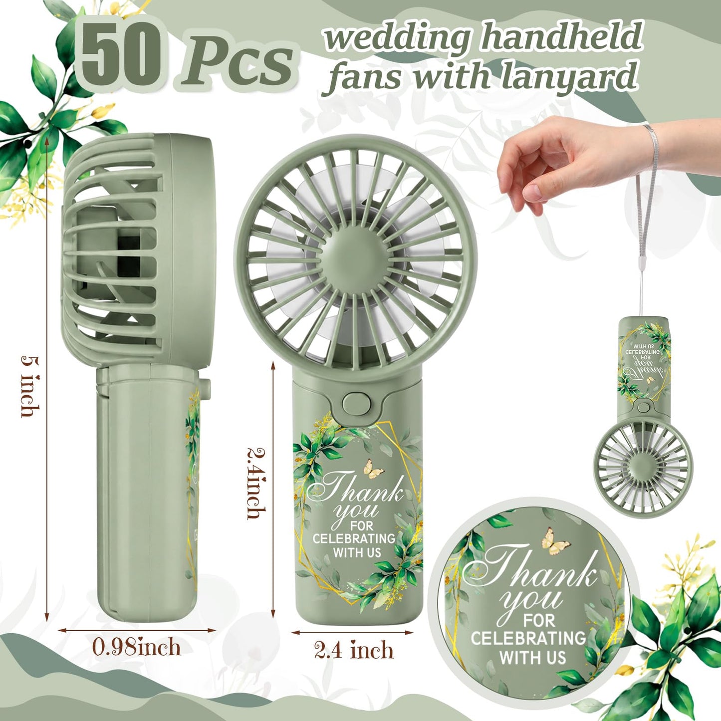 VIHOSE 50 Pcs Mini Wedding Handheld Fan for Guests Bulk Portable Electric Personal Fans with Thank You Print for Guest Summer Outdoor Bridal Shower, Battery Not Include(Boho Floral,Sage Green)
