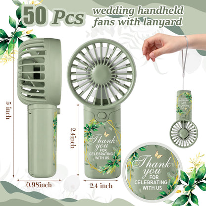 VIHOSE 50 Pcs Mini Wedding Handheld Fan for Guests Bulk Portable Electric Personal Fans with Thank You Print for Guest Summer Outdoor Bridal Shower, Battery Not Include(Boho Floral,Sage Green)