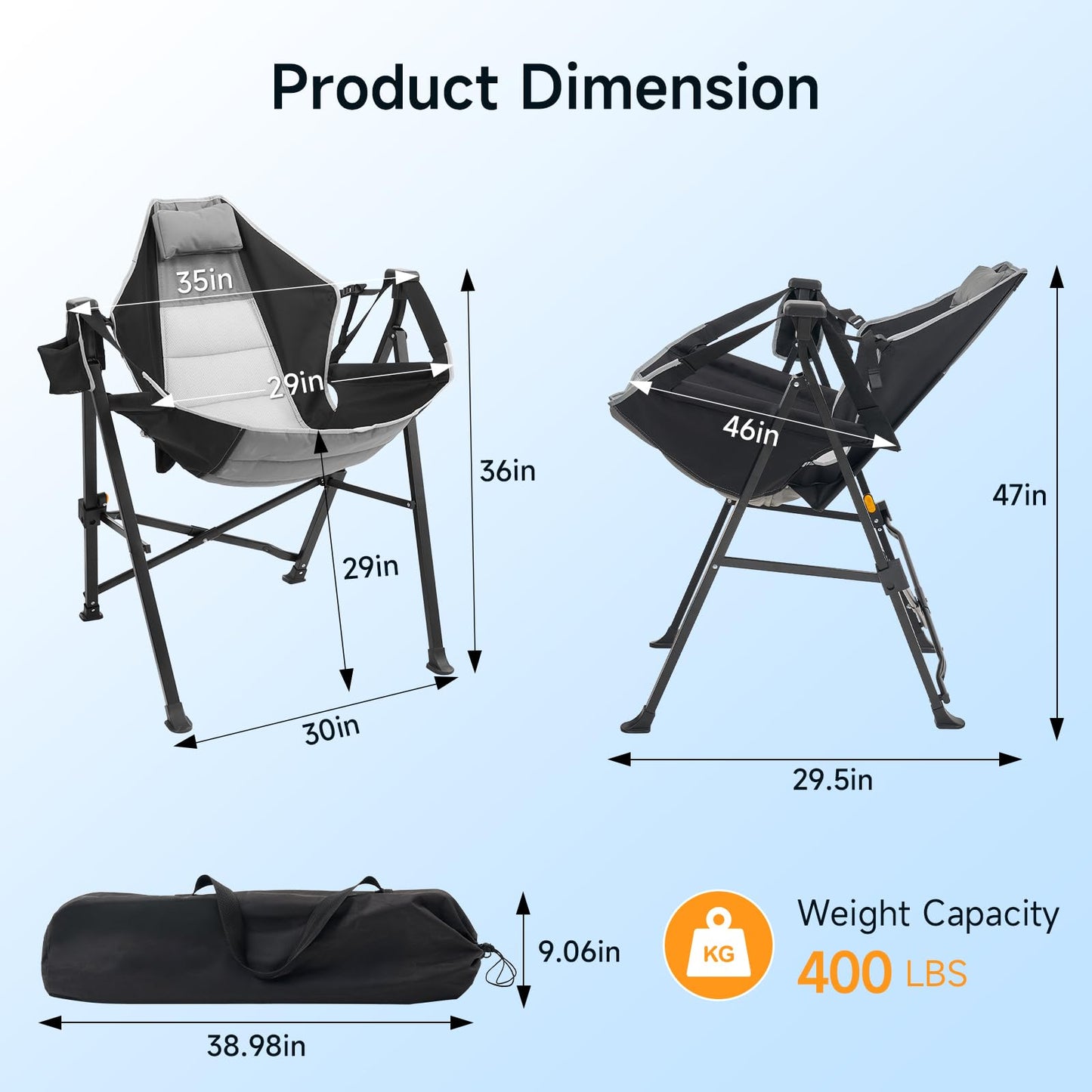 Hammock Camping Chair Set of 2 with Adjustable Backrest, 400lbs Heavy Duty Portable Swing Chair Outdoor with Headrest and Cup Holder, Foldable Camping Chair for Camping, Travelling, Patio, Lawn, Black
