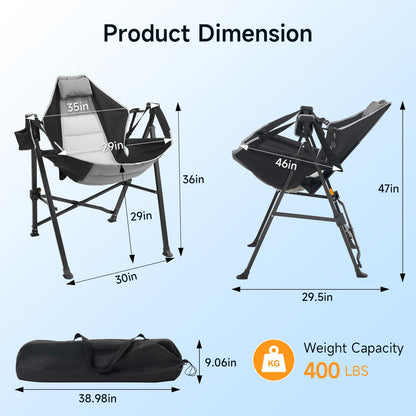 Hammock Camping Chair Set of 2 with Adjustable Backrest, 400lbs Heavy Duty Portable Swing Chair Outdoor with Headrest and Cup Holder, Foldable Camping Chair for Camping, Travelling, Patio, Lawn, Black