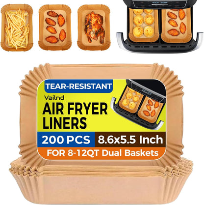 Vailnd Air Fryer Liners - Disposable Parchment Paper for Dual Baskets | 200 Pcs, Oil Proof (8.6x5.5 Inch)