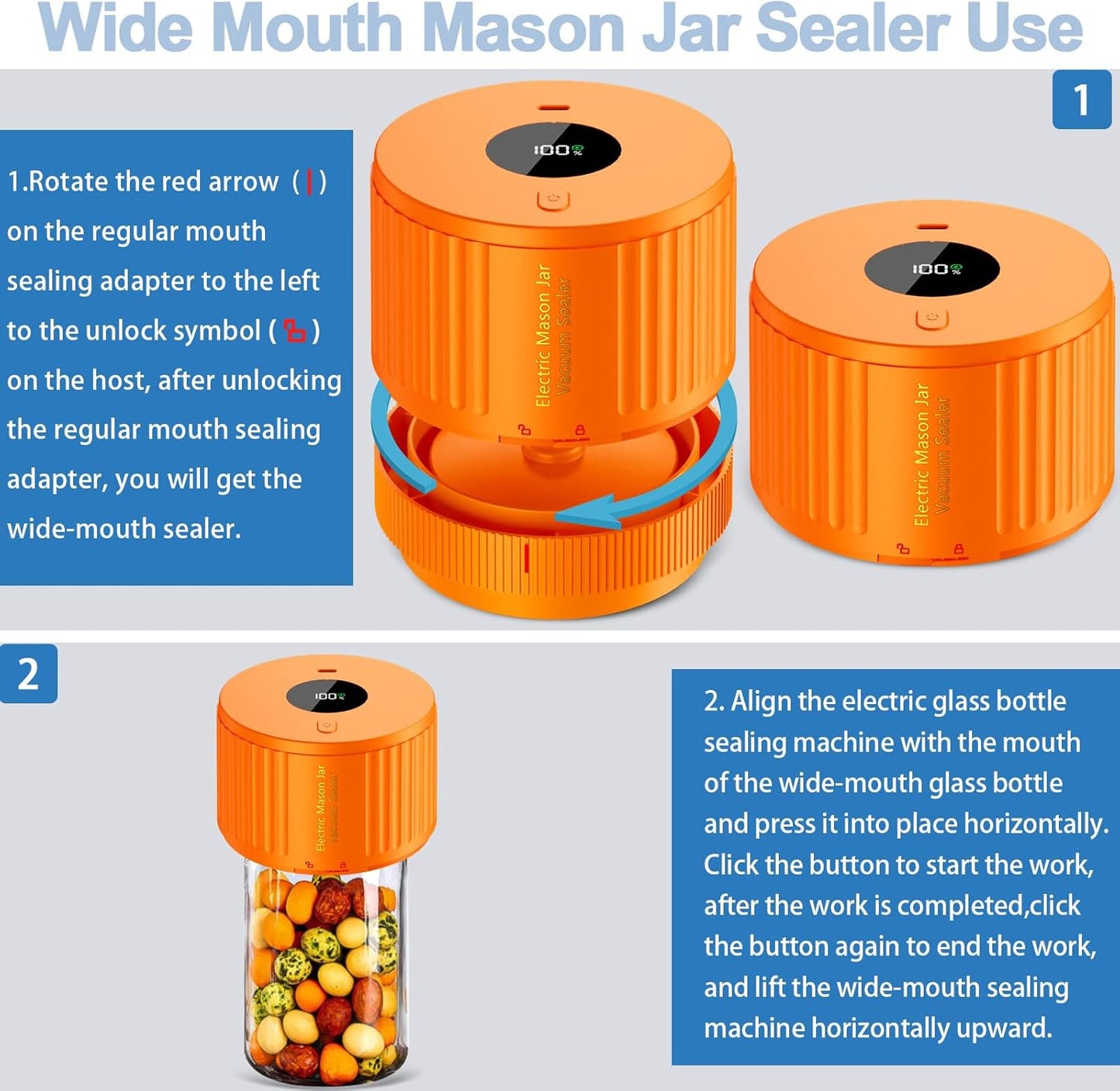 LOVE MOMENT Electric Mason Jar Vacuum Sealer Kit - Versatile for Wide & Regular Mouth Jars - Orange