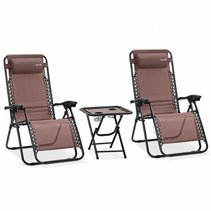 SereneLife Outdoor Zero Gravity Lounge Chair Set with Table – 2 Adjustable Recliners with Cup Holders, Headrest, Steel Frame & Foldable Design for Patio, Pool, Garden, or Camping