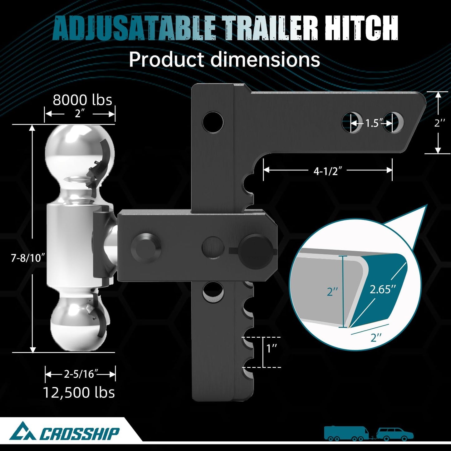 CROSSHIP Adjustable Drawbar Trailer Hitch - Heavy Duty Aluminum Drop Hitch - Fits 2" Receiver, 8" Drop/Rise, for Truck, SUV, RV(12500 Lbs GTW)