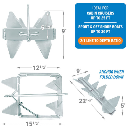 Better Boat 19lb Box Anchor for Boats up to 30ft, Folding Boat Anchor Hot Dip Galvanized, Double Sided Slide Anchor for Pontoon Cabin Cruiser and Fishing Boats