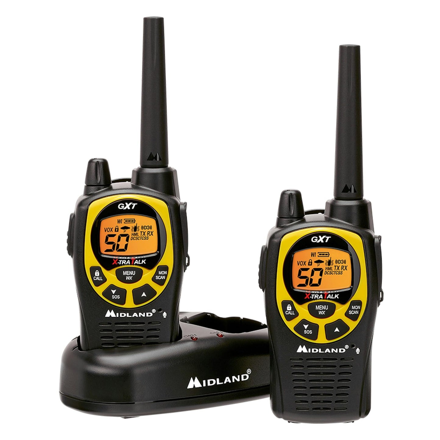Midland GXT1030VP4 GMRS Two-Way Radio (50-Channel, Long Range, 142 Privacy Codes, SOS, NOAA, Rechargeable Nickel Battery, Black/Yellow, 2-Pack)