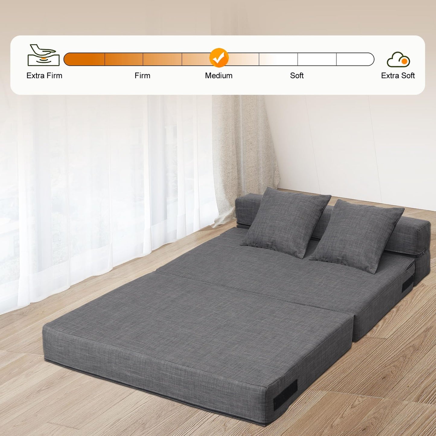 Nigoone Queen Size Folding Sofa Couch Memory Foam with 2 Pillows Sleeper Chair Lazy Couch Triple Futon Convertible Guest Beds, Washable Cover, Dark Gray