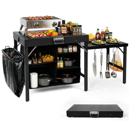 Grill Table Compatible with Blackstone Griddles, Portable Foldable Griddle Stand with Storage Shelf, Heavy Duty Camping Kitchen Table for Outdoor Cooking, BBQ, Camping and Patio, Black